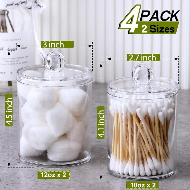 4 PACK Holder Dispenser for Cotton Ball, Cotton Swab, Cotton round Pads, Floss Picks - Small Clear Plastic Apothecary Jar Set for Bathroom Canister Storage Organization, Vanity Makeup Organizer