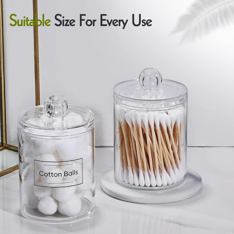 4 PACK Holder Dispenser for Cotton Ball, Cotton Swab, Cotton round Pads, Floss Picks - Small Clear Plastic Apothecary Jar Set for Bathroom Canister Storage Organization, Vanity Makeup Organizer