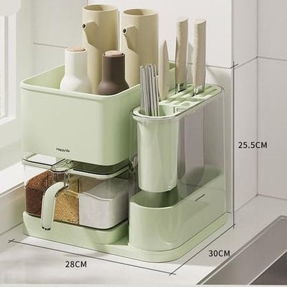 #3In1 Spice Organizer Rack,Kitchen Utensils Storage Holder with Drain Tray, Seasoning Countertop Storage Shelf Holder, Multi-Function Rack for Knife, Fork, Chopsticks,Green Cabinet Plastic
