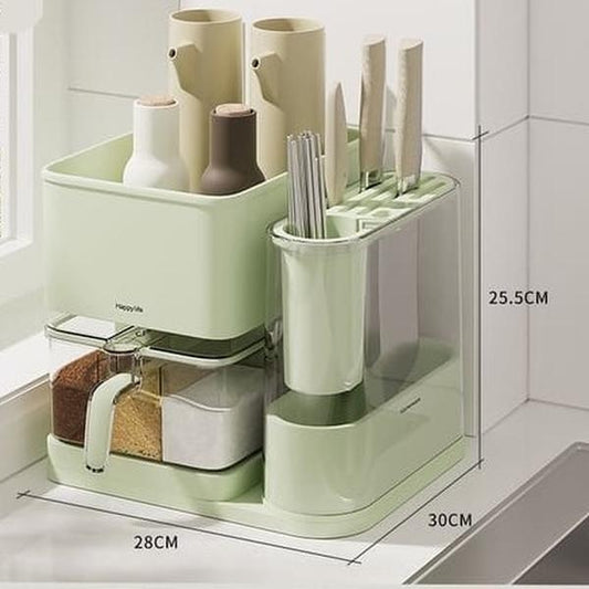 #3In1 Spice Organizer Rack,Kitchen Utensils Storage Holder with Drain Tray, Seasoning Countertop Storage Shelf Holder, Multi-Function Rack for Knife, Fork, Chopsticks,Green Cabinet Plastic