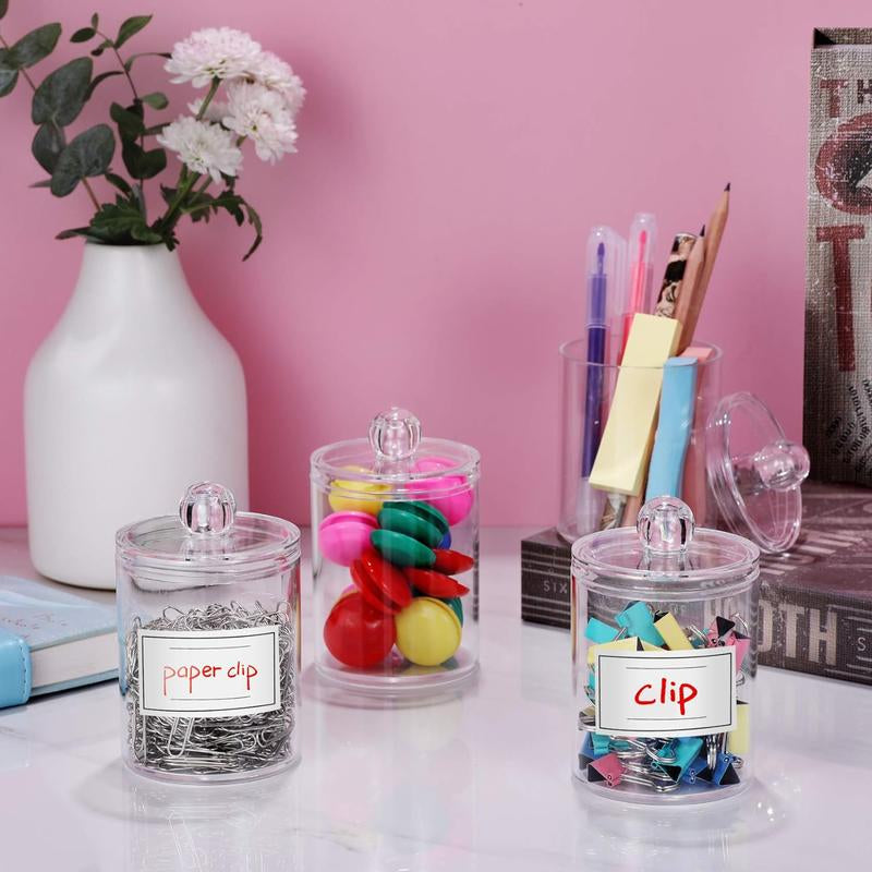 4 PACK Holder Dispenser for Cotton Ball, Cotton Swab, Cotton round Pads, Floss Picks - Small Clear Plastic Apothecary Jar Set for Bathroom Canister Storage Organization, Vanity Makeup Organizer
