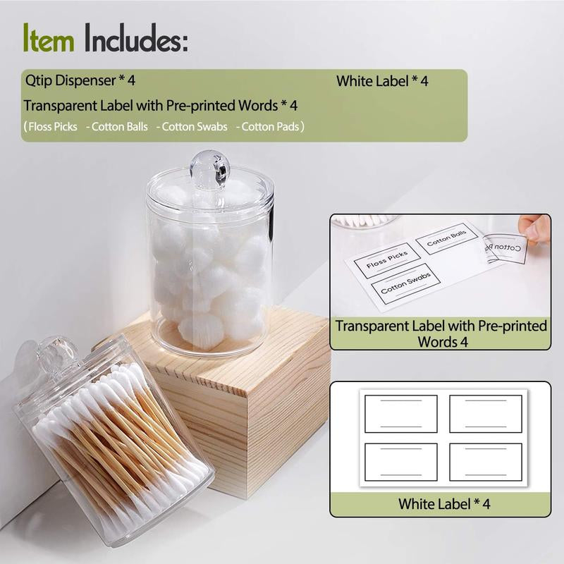 4 PACK Holder Dispenser for Cotton Ball, Cotton Swab, Cotton round Pads, Floss Picks - Small Clear Plastic Apothecary Jar Set for Bathroom Canister Storage Organization, Vanity Makeup Organizer