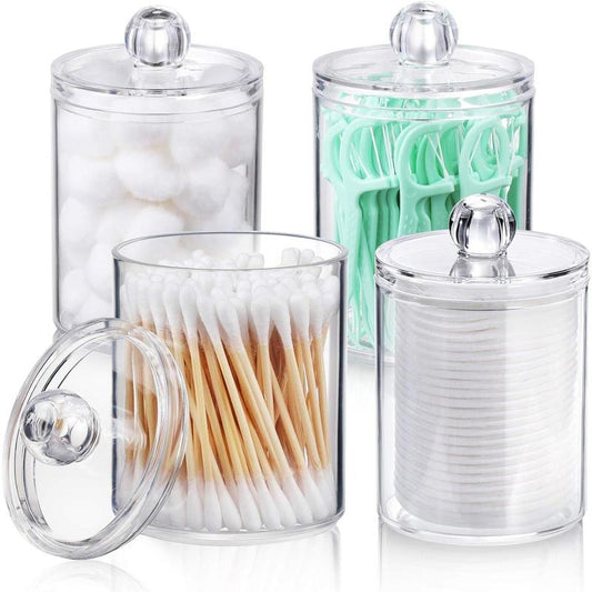 4 PACK Holder Dispenser for Cotton Ball, Cotton Swab, Cotton round Pads, Floss Picks - Small Clear Plastic Apothecary Jar Set for Bathroom Canister Storage Organization, Vanity Makeup Organizer