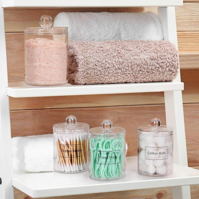 4 PACK Holder Dispenser for Cotton Ball, Cotton Swab, Cotton round Pads, Floss Picks - Small Clear Plastic Apothecary Jar Set for Bathroom Canister Storage Organization, Vanity Makeup Organizer