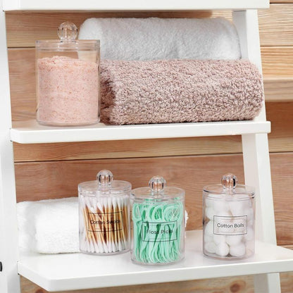 4 PACK Holder Dispenser for Cotton Ball, Cotton Swab, Cotton round Pads, Floss Picks - Small Clear Plastic Apothecary Jar Set for Bathroom Canister Storage Organization, Vanity Makeup Organizer