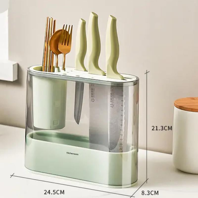 #3In1 Spice Organizer Rack,Kitchen Utensils Storage Holder with Drain Tray, Seasoning Countertop Storage Shelf Holder, Multi-Function Rack for Knife, Fork, Chopsticks,Green Cabinet Plastic